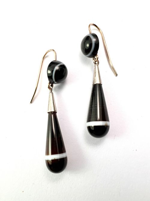 VICTORIAN AGATE GOLD AND SILVER TEARDROP EARRINGS - ADDITIONAL PHOTO 3