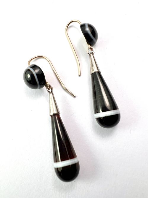 VICTORIAN AGATE GOLD AND SILVER TEARDROP EARRINGS - ADDITIONAL PHOTO 4