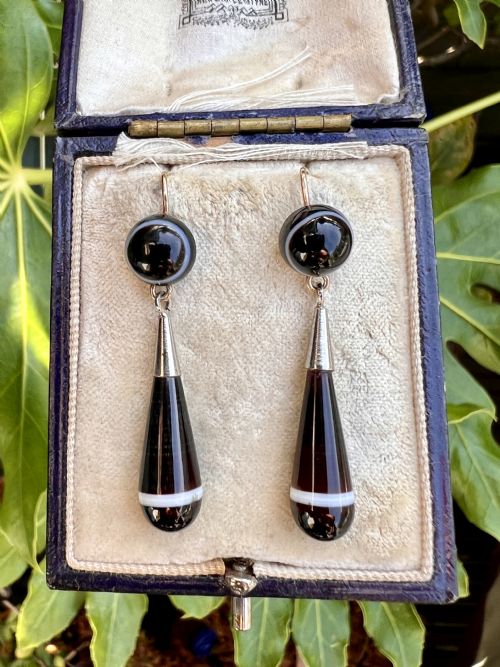 VICTORIAN AGATE GOLD AND SILVER TEARDROP EARRINGS - ADDITIONAL PHOTO 8