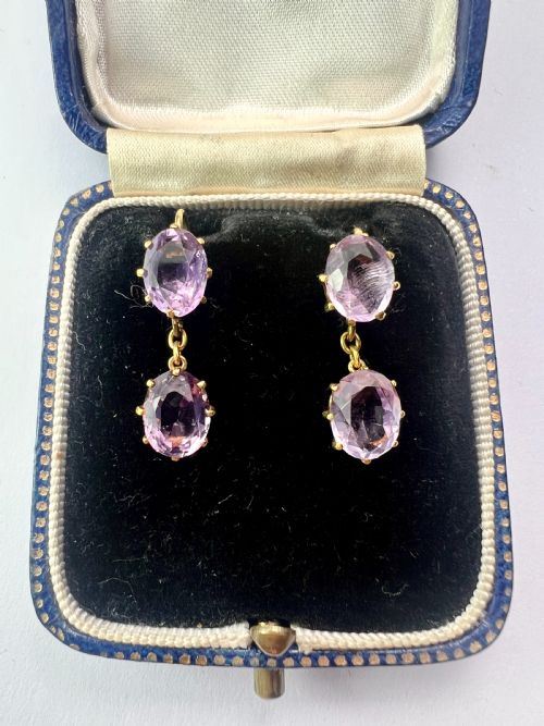 VICTORIAN GOLD AMETHYST DOUBLE DROP EARRINGS - ADDITIONAL PHOTO 1
