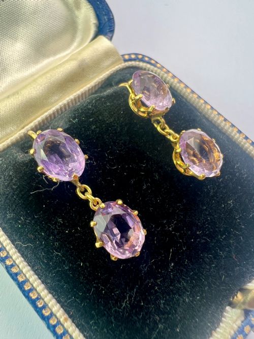 VICTORIAN GOLD AMETHYST DOUBLE DROP EARRINGS - ADDITIONAL PHOTO 2