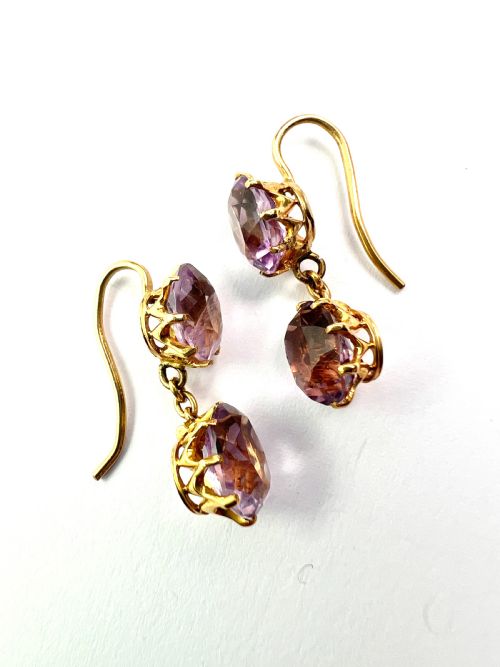 VICTORIAN GOLD AMETHYST DOUBLE DROP EARRINGS - ADDITIONAL PHOTO 6