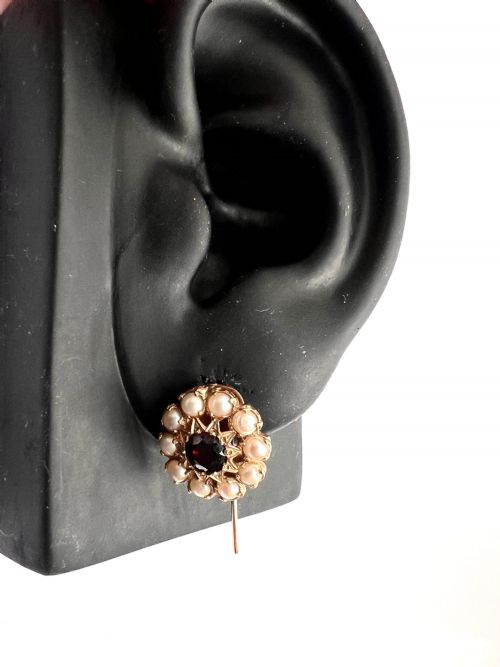 VICTORIAN GOLD GARNET PEARL CLUSTER EARRINGS - ADDITIONAL PHOTO 5