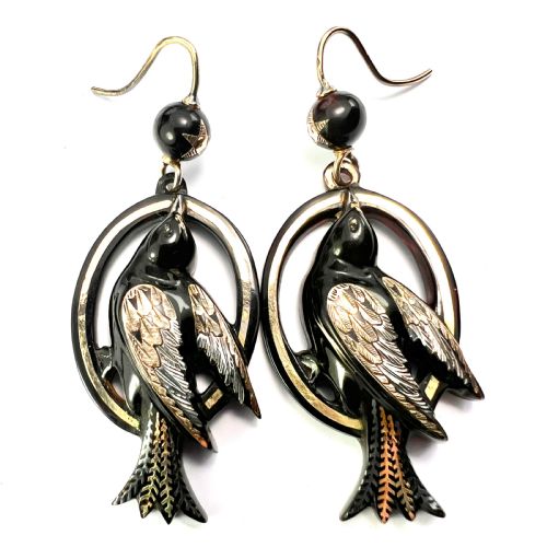 victorian gold and silver pique bird star earrings - CATEGORY: ANTIQUE JEWELLERY - DATED VICTORIAN