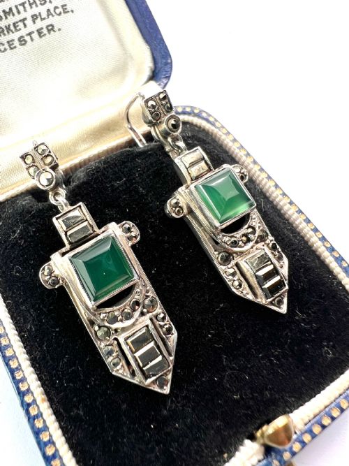 ART DECO SILVER MARCASITE CHRYSOPRASE EARRINGS - ADDITIONAL PHOTO 1