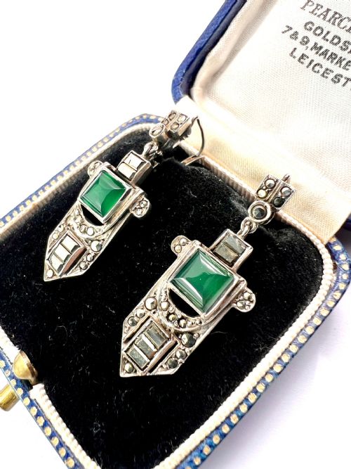 ART DECO SILVER MARCASITE CHRYSOPRASE EARRINGS - ADDITIONAL PHOTO 2