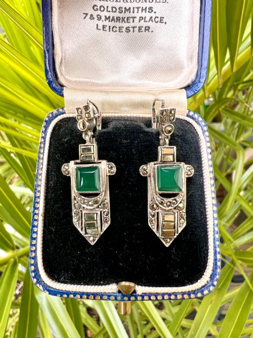 ART DECO SILVER MARCASITE CHRYSOPRASE EARRINGS - ADDITIONAL PHOTO 6