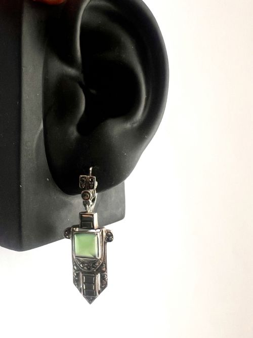 ART DECO SILVER MARCASITE CHRYSOPRASE EARRINGS - ADDITIONAL PHOTO 7
