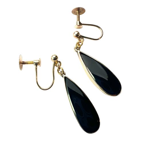VINTAGE ONYX TEARDROP EARRINGS IN 9CT GOLD - ADDITIONAL PHOTO 1