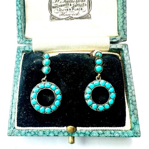 VICTORIAN GOLD AND SILVER TURQUOISE DANGLING HOOP EARRINGS