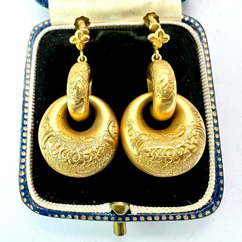 VICTORIAN 15CT GOLD PUFFY HOOP DROP EARRINGS