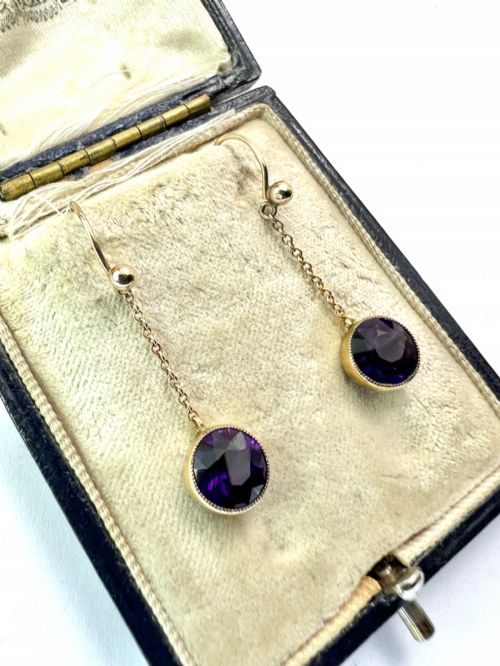 EDWARDIAN 9CT GOLD AMETHYST CHAIN DROP EARRINGS - ADDITIONAL PHOTO 3