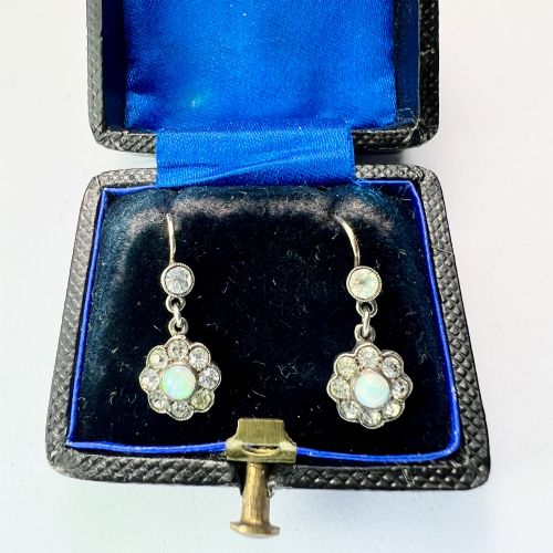 ANTIQUE KNOLL PREGIZER GOLD AND SILVER OPAL AND PASTE DIAMOND EARRINGS