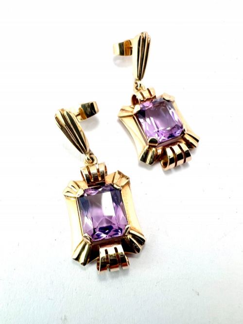 CHUNKY VINTAGE LATE ART DECO GOLD AMETHYST EARRINGS - ADDITIONAL PHOTO 4