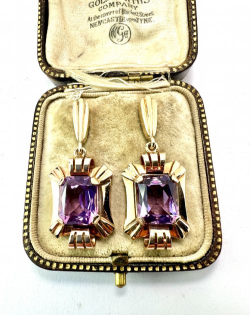 CHUNKY VINTAGE LATE ART DECO GOLD AMETHYST EARRINGS - ADDITIONAL PHOTO 5
