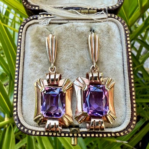 CHUNKY VINTAGE LATE ART DECO GOLD AMETHYST EARRINGS - ADDITIONAL PHOTO 6