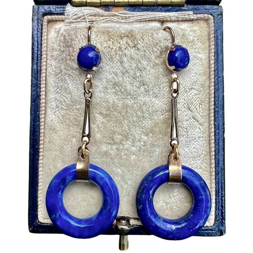 rare art deco lapis lazuli gold torus earrings - CATEGORY: ANTIQUE JEWELLERY - DATED 1920