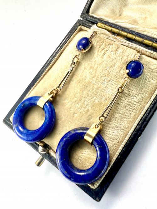 RARE ART DECO LAPIS LAZULI GOLD TORUS EARRINGS - ADDITIONAL PHOTO 2