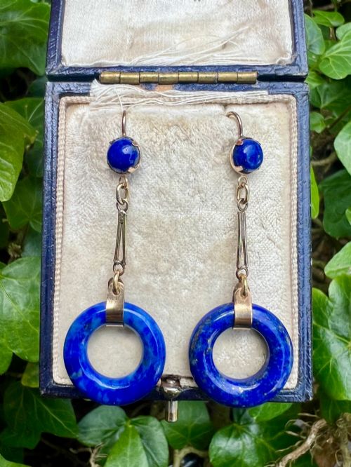 RARE ART DECO LAPIS LAZULI GOLD TORUS EARRINGS - ADDITIONAL PHOTO 9