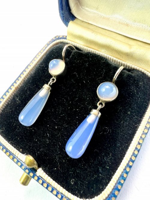 ANTIQUE SILVER CHALCEDONY TEARDROP EARRINGS - ADDITIONAL PHOTO 1