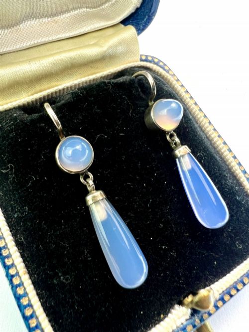ANTIQUE SILVER CHALCEDONY TEARDROP EARRINGS - ADDITIONAL PHOTO 2
