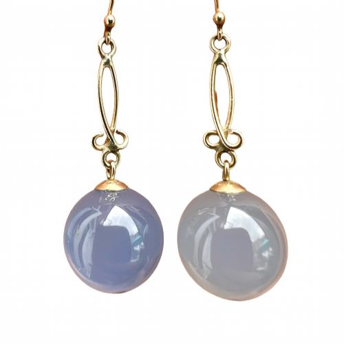 ANTIQUE 9CT GOLD CHALCEDONY ORB DROP EARRINGS - ADDITIONAL PHOTO 4
