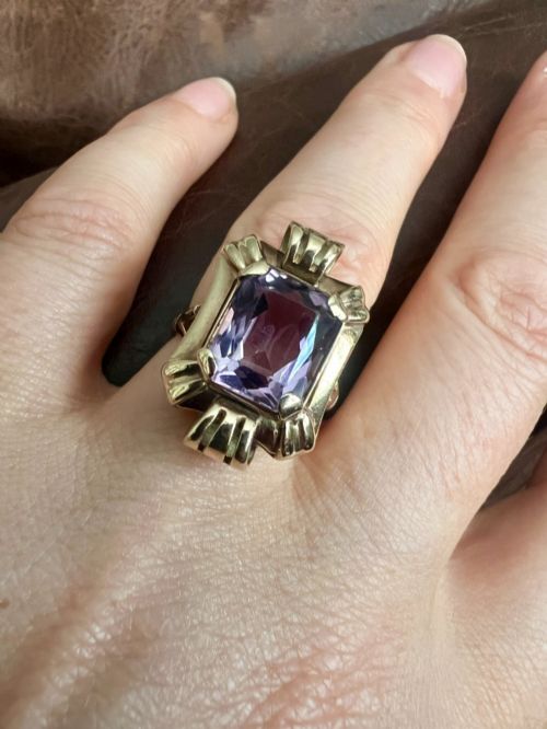 CHUNKY VINTAGE LATE ART DECO GOLD AMETHYST EARRINGS - ADDITIONAL PHOTO 8