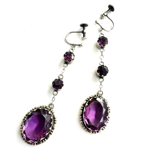ART DECO AMETHYST PASTE SILVER SCREWBACK EARRINGS
