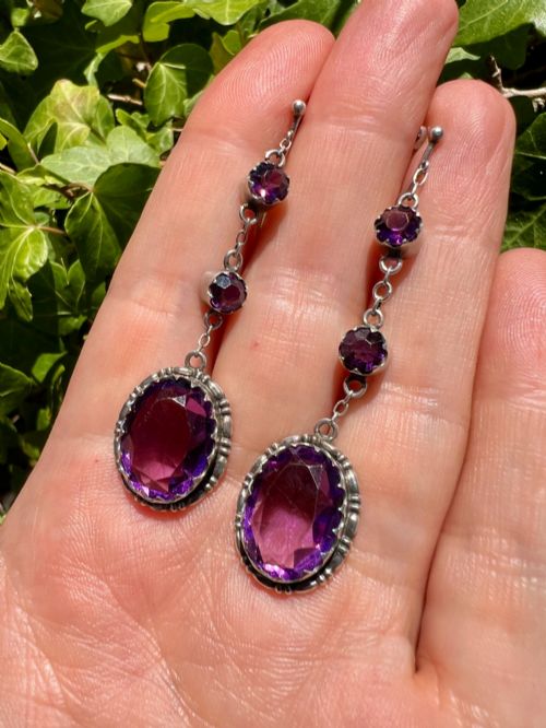 ART DECO AMETHYST PASTE SILVER SCREWBACK EARRINGS - ADDITIONAL PHOTO 3