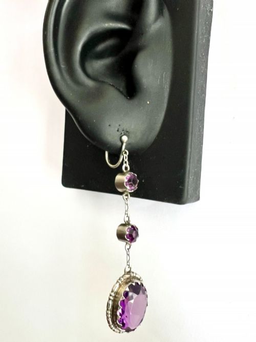 ART DECO AMETHYST PASTE SILVER SCREWBACK EARRINGS - ADDITIONAL PHOTO 4