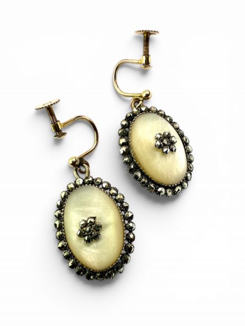 GEORGIAN SILVER AND GOLD MOTHER OF PEARL MARCASITE DROP EARRINGS - ADDITIONAL PHOTO 7