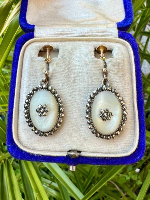 GEORGIAN SILVER AND GOLD MOTHER OF PEARL MARCASITE DROP EARRINGS - ADDITIONAL PHOTO 8
