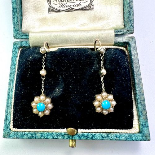 Edwardian Turquoise and Pearl Flower Drop Earrings