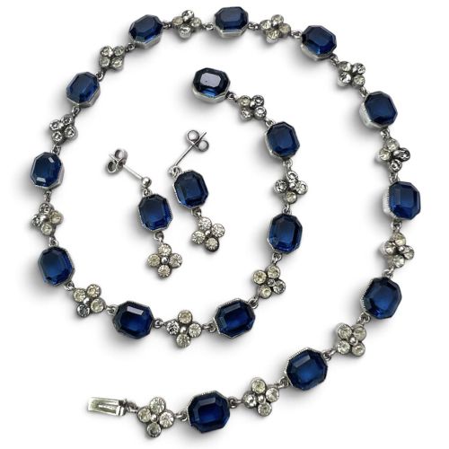Art Deco Sapphire Paste Silver Earrings and Necklace Set
