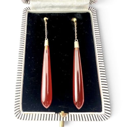 Long Edwardian Carnelian 9ct Gold Chain Teardrop Earrings