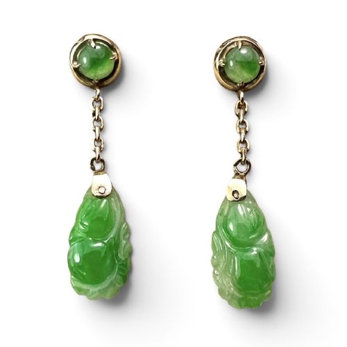 Art Deco 14ct Gold Carved Jade Drop Earrings