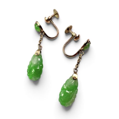 A pair of Art Deco 14ct gold drop earrings featuring circular green jade cabochons at the top connected by short chain links to teardrop-shaped carved green jade pendants. View II