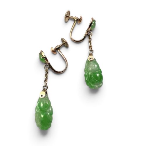 A pair of Art Deco 14ct gold drop earrings featuring circular green jade cabochons at the top connected by short chain links to teardrop-shaped carved green jade pendants. View III