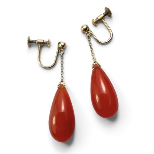Edwardian Red Agate Chain Drop Earrings in 9ct Gold