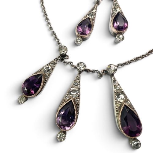 Art Deco Amethyst Paste Silver and Gold Earrings and Necklace Set