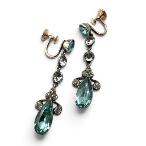 A pair of Victorian gold and silver drop earrings set with light blue and clear paste stones. View IV
