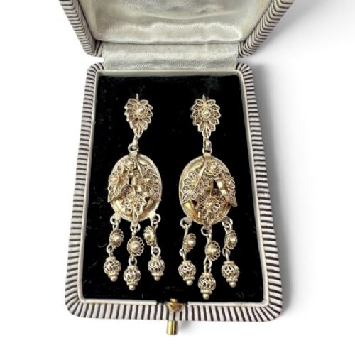 Victorian Gilded Silver Filigree Girandole Chandelier Earrings