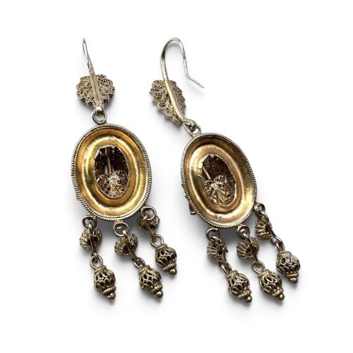 A pair of Victorian gilded silver filigree girandole chandelier earrings with triple dangling drops, displayed inside a velvet presentation box. View V