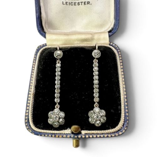Antique 9ct Gold Silver Paste Flower Drop Earrings
