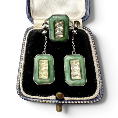 Antique Art Deco Jade Glass Silver Earrings and Ring