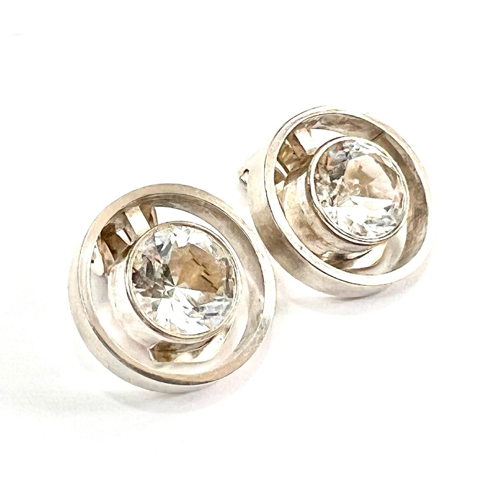 • Vintage Silver and Rock Crystal Modernist Ear Clips by Niels Erik From View IV