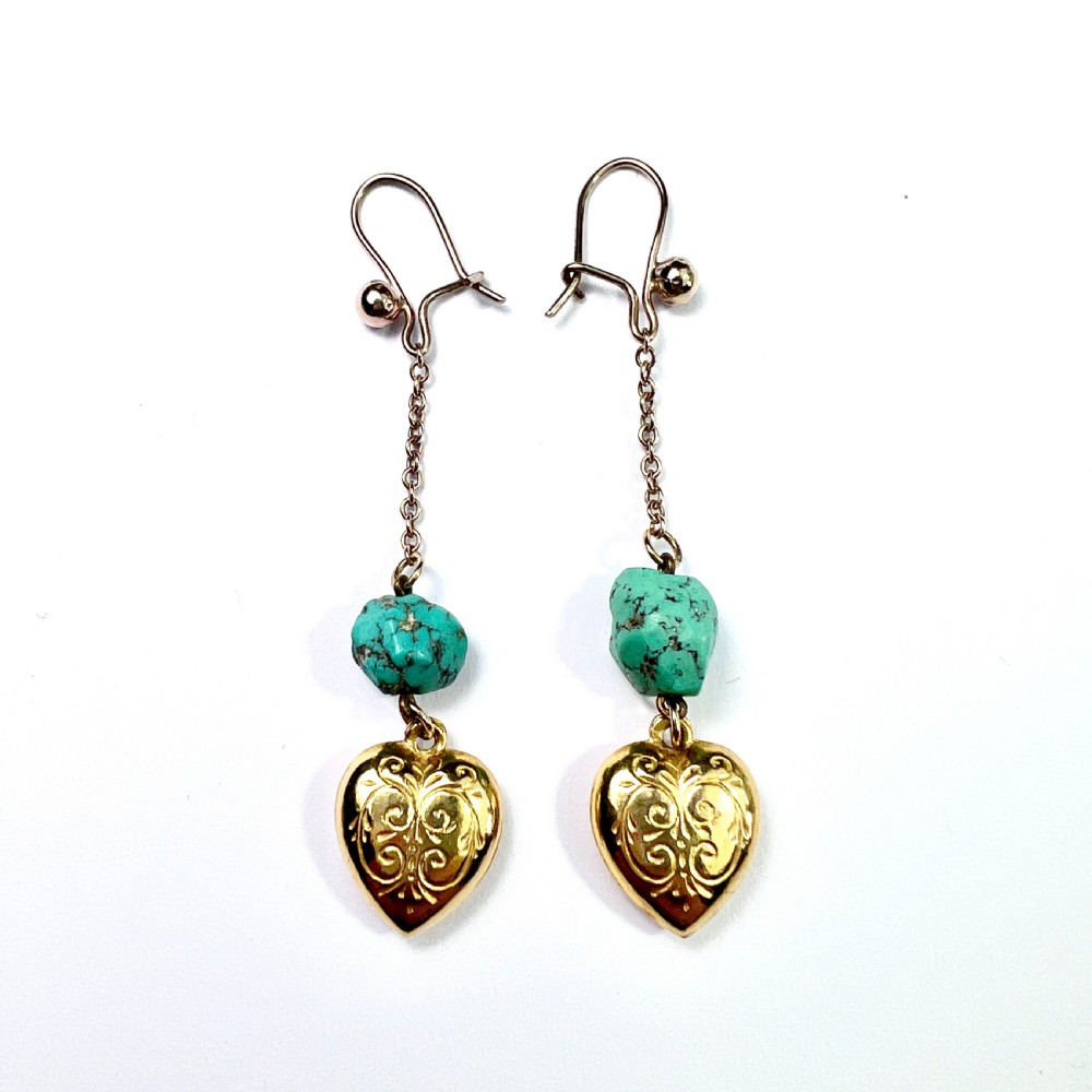 • Vintage 9CT Gold Chain Drop Turquoise Heart Earrings