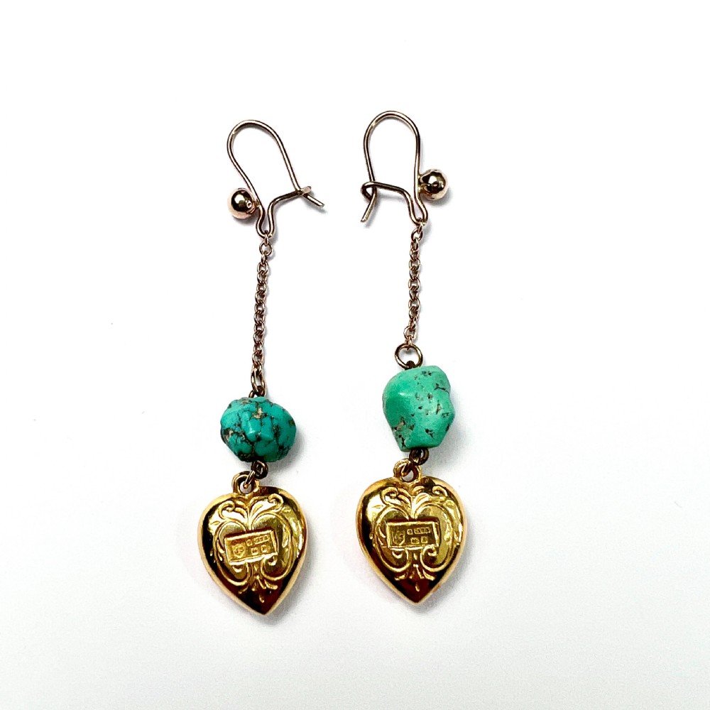 • Vintage 9CT Gold Chain Drop Turquoise Heart Earrings View III