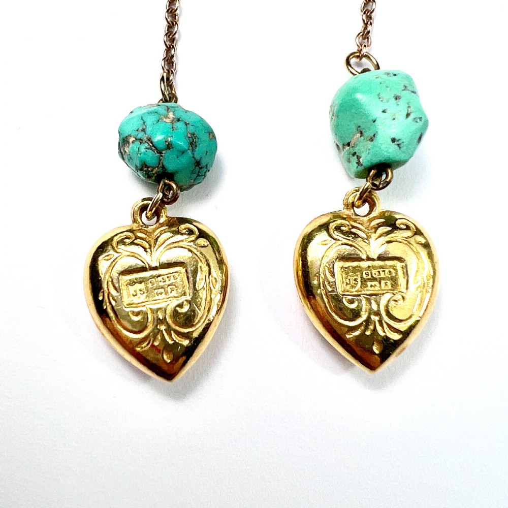 • Vintage 9CT Gold Chain Drop Turquoise Heart Earrings View IV