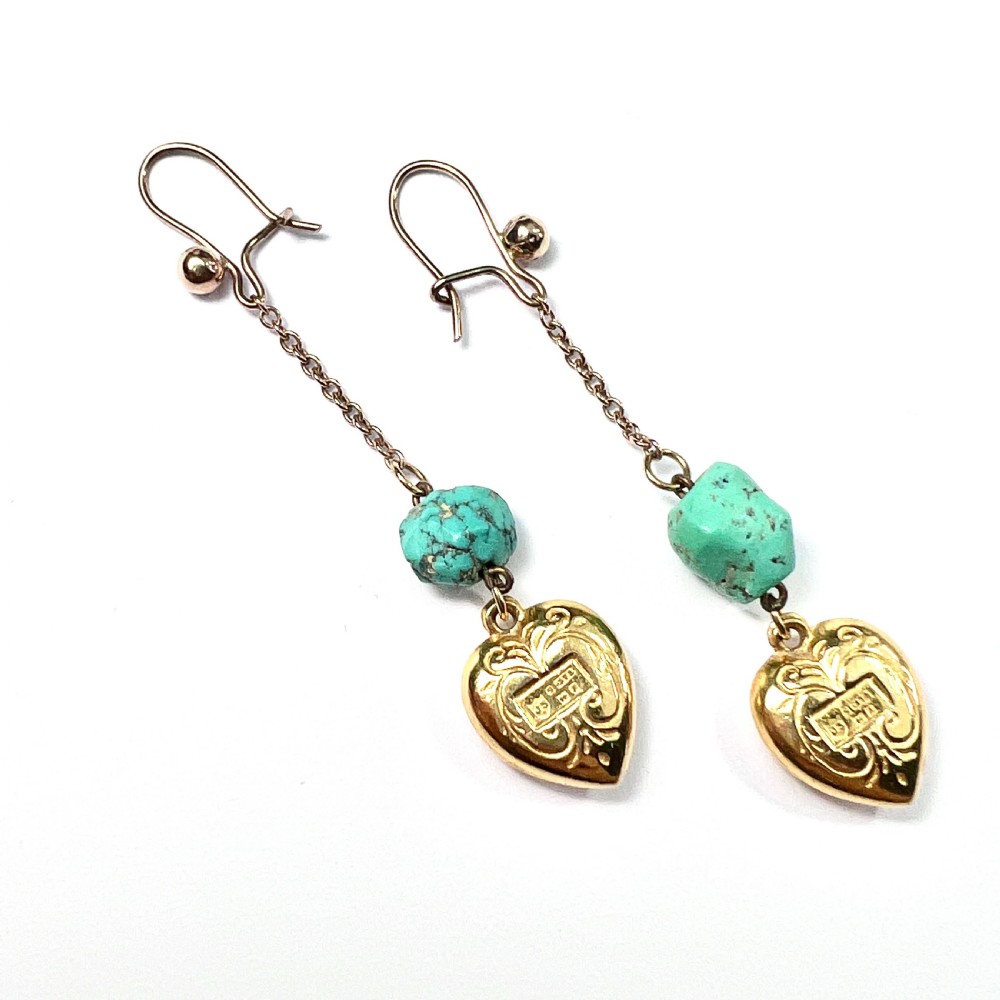• Vintage 9CT Gold Chain Drop Turquoise Heart Earrings View V